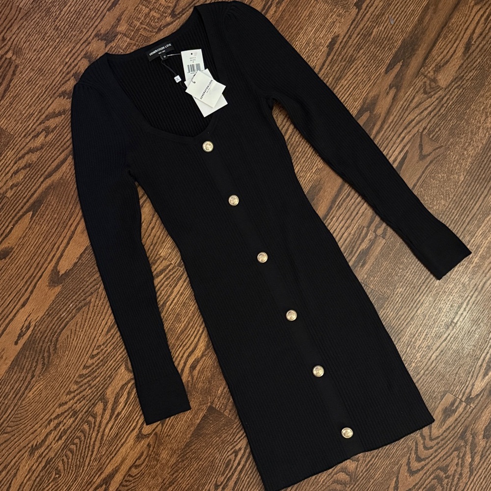 Generation Love Black Long Sleeve Dress with Gold Button Detail